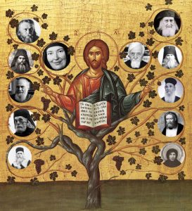 Image with Orthodox icon of Christ the Vine, with heads of recent saints.