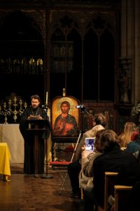 Metropolitan Hilarion Alfeyev speaking at conference.