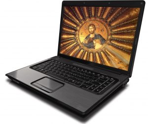 Image of laptop with image of Christ Pantocrator on screen.