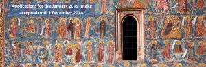 Fragment of the mural painting of the Voronet Monastery, Romania - advertising the IOCS MA programme.
