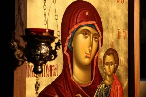 Fragment of Orthodox icon of the Mother of God with Christ as a baby.